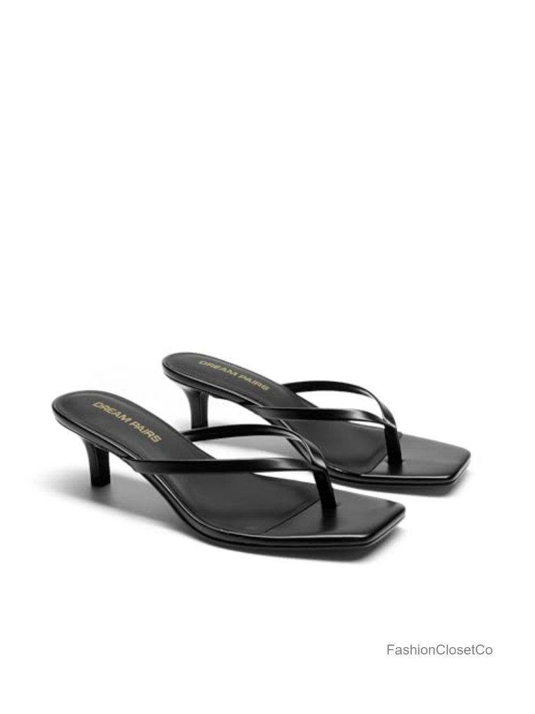 Kitten Heel Square Open Toe Thong Sandal Faux Leather